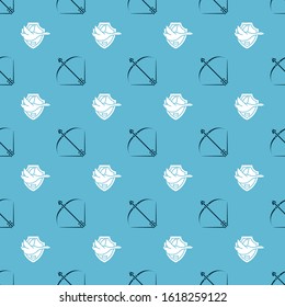 Set Bow and arrow in quiver and Flying duck on shield on seamless pattern. Vector