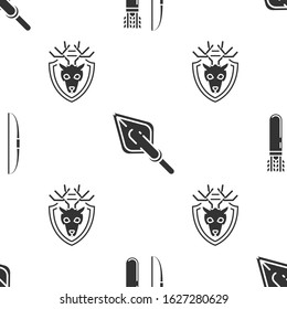 Set Bow and arrow in quiver, Hipster arrow tip and Deer head with antlers on shield on seamless pattern. Vector