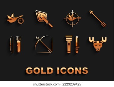 Set Bow and arrow in quiver, Hipster, Moose head with horns, Flashlight knife, Hunt on duck crosshairs,  and tip icon. Vector