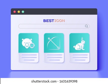 Set Bow and arrow in quiver, Hunt on bear with crosshairs and Rabbit icon. Vector