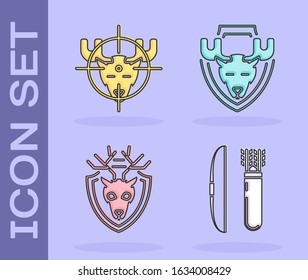 Set Bow and arrow in quiver, Hunt on moose with crosshairs, Deer head with antlers on shield and Moose head on shield icon. Vector