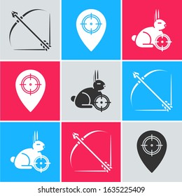 Set Bow and arrow in quiver, Hunt place and Hunt on rabbit with crosshairs icon. Vector