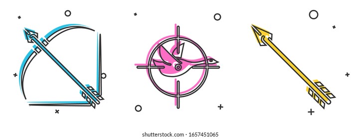 Ajusta Bow y flecha en quiver, Caza en pato con cruces y icono de flecha Hipster. Vector