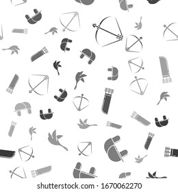 Set Bow and arrow in quiver, Hunter hat, Quiver with arrows and Flying duck on seamless pattern. Vector