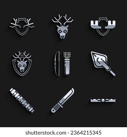 Set Bow and arrow in quiver, Hunter knife, Trap hunting, Hipster tip, Hunting cartridge belt with cartridges, Deer head antlers on shield, Moose horns and  icon. Vector