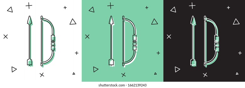 Set Bow and arrow in quiver icon isolated on white and green, black background.  Vector Illustration