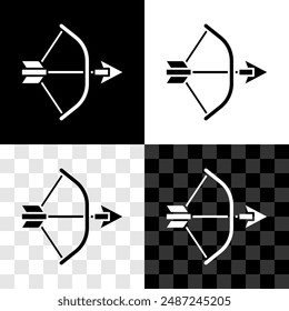 Arco y flecha en el icono de carámbano aislado en blanco y negro, fondo transparente.  Vector