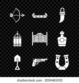 Set Bow and arrow in quiver, Kayak or canoe paddle, Tooth, Shovel, Revolver gun, Horseshoe, Dynamite bomb and Saloon door icon. Vector