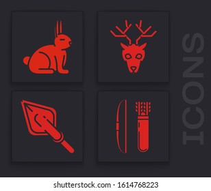 Set Bow and arrow in quiver, Rabbit, Deer head with antlers and Hipster arrow tip icon. Vector