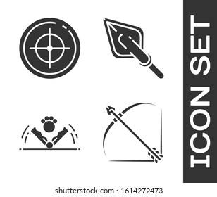 Set Bow And Arrow In Quiver, Target Sport For Shooting Competition, Trap Hunting And Hipster Arrow Tip Icon. Vector