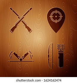 Set Bow and arrow in quiver, Two crossed shotguns, Trap hunting and Hunt place on wooden background. Vector