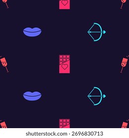 Conjunto arco y flecha, labios sonrientes, barra de chocolate y copa de champán en patrón transparente. Vector