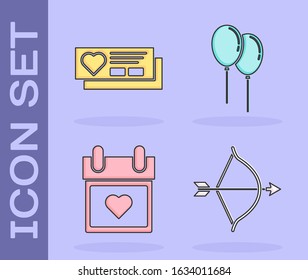 Set Bow and arrow, Ticket with heart, Calendar with heart and Balloons with ribbon icon. Vector