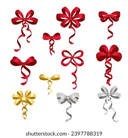 Set bow beautiful gradient red gold silver. Isolate on a white background. Vector illustration.