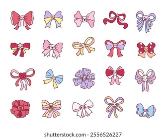 Set of bow characters with various cute kawaii cartoon emotions, cheerful smiles, funny expressions, sleeping poses, and romantic elements for delightful and decorative designs