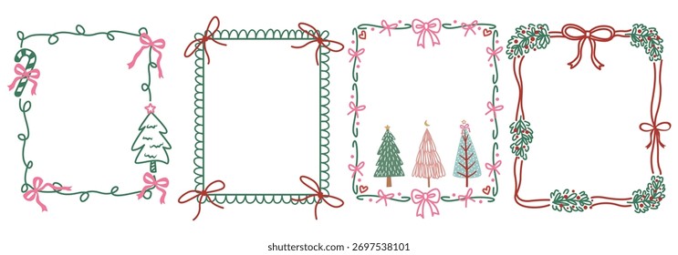 Conjunto de Bow Christmas Frame Mão Desenhado, Vetor Ilustração Quadros de férias de inverno Com Decorado com fita ondulada, perfeito para férias, convites de Natal, e cartões de saudação, Natal Fundo.