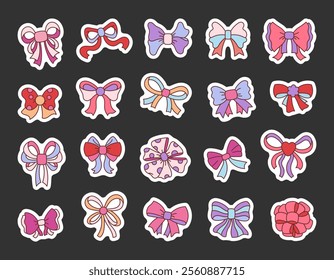 Set of bow decorative accessory illustrations featuring tied ribbons, festive embellishments, handmade designs, layered elements, for creative and versatile graphic outline clipart