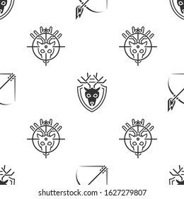 Set Bow and fire arrow, Deer head with antlers on shield and Hunt on deer with crosshairs on seamless pattern. Vector