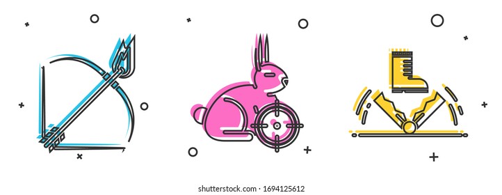 Set Bow and fire arrow, Hunt on rabbit with crosshairs and Trap hunting icon. Vector