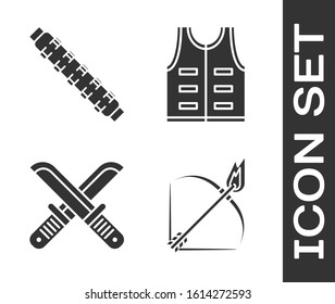 Set Bow and fire arrow, Hunting cartridge belt with cartridges, Crossed hunter knife and Hunting jacket icon. Vector