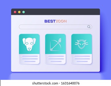 Set Bow and fire arrow, Hunting dog and Deer antlers on shield icon. Vector