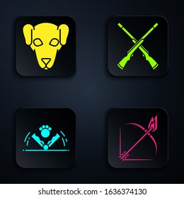 Set Bow and fire arrow, Hunting dog, Trap hunting and Two crossed shotguns. Black square button. Vector