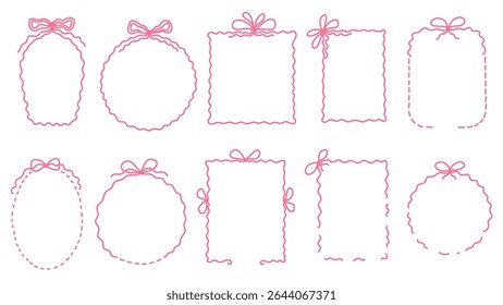 Set of bow frames of oval, square, rectangular and round shape. Decorative frames with ribbon in pink color. Vintage collection. Hand drawn line in doodle style. Vector illustrations isolated.