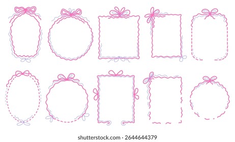 Conjunto de arcos de forma oval, quadrada, retangular e redonda. Quadros decorativos com fitas nas cores rosa e azul. Coleção vintage. Linha desenhada à mão em estilo rabiscar. Vetor isolado.