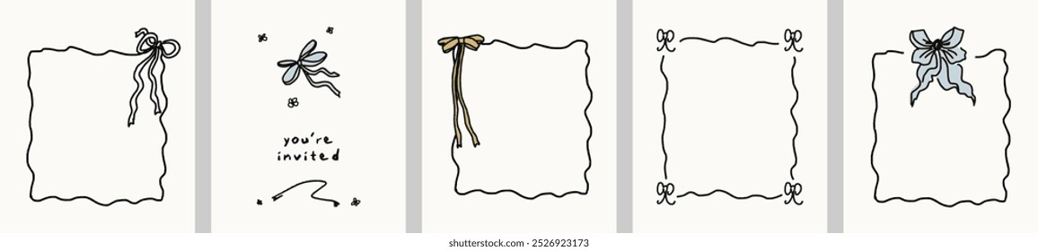 Set bow frames template with space for text. for your design celebration greetings and invitations cards. Hand drawn doodle illustration. Childish naive vector art