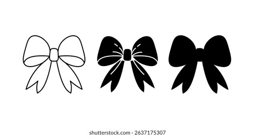 Set of bow icons. Decorative elements in silhouette and line style. Collection of accessories of different shapes for packaging holiday gift boxes. Vector illustration.

