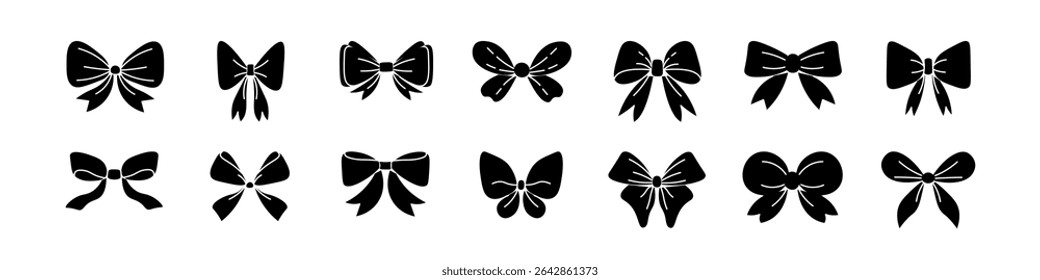 Set of bow icons. Decorative elements in silhouette style. Collection of accessories of different shapes for packaging festive gift boxes. Vector illustration.
