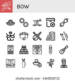 Set of bow icons such as Cupid, Sun hat, Cracker, Catapult, Delete package, Bow tie, Gift, Wedding, Violin, Archer, Bow, Viola, Ballet, Native american ,