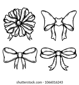 Set of bow illustrations isolated on white background. Design elements for poster, card, emblem, sign. Vintage decoration for traditional holidays and gift boxes. Vector illustration