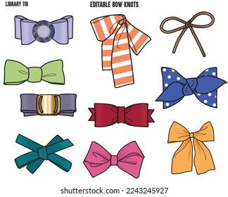 SET OF BOW KNOTS AND DRAWSTRING TIE UPS USED FOR WAIT BAND AND BACK TIE UPS DESIGNED FOR GARMENTS DRESSES TOPS AND APPARELS IN EDITABLE VECTOR 