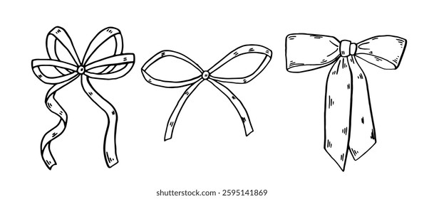 Set of Bow knots, tie ups, gift ribbons bows. Hand drawn Vector illustration. Isolated design elements. Wedding celebration, holiday, party decoration, gift, present concept