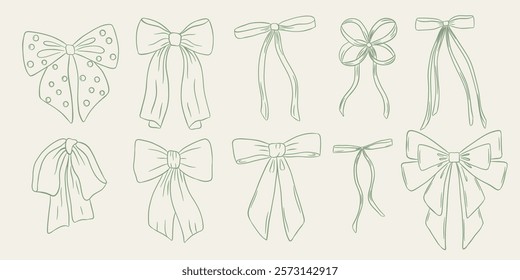 Set of bow in retro style. Doodle outline bow. Design elegant green elements