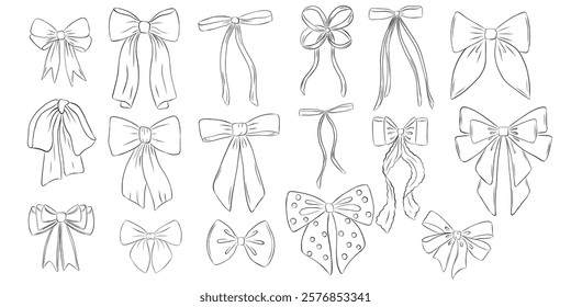 Set of bow in retro style. Doodle outline bow. Design elegant elements