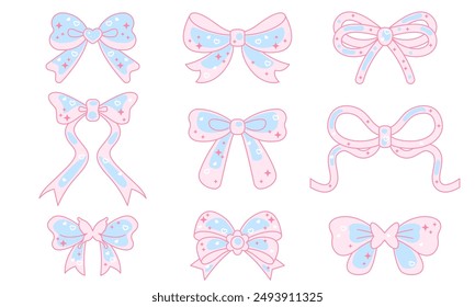 Set with bow ribbon. Set, collection of cute bows for girls. Cute coquette bow collection vector, romantic ribbon bow