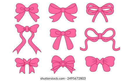 Set with bow ribbon. Set, collection of cute bows for girls. Cute coquette bow collection vector, romantic ribbon bow