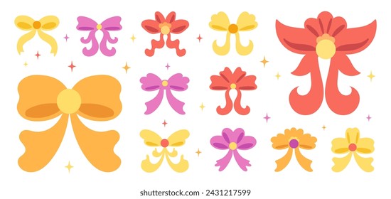 Set of bow ribbons for presents, bowknots drawings and stickers, vector design elements collection.