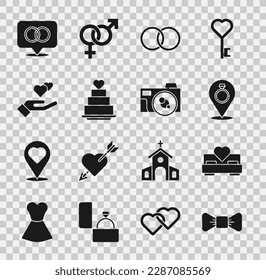 Set Bow tie, Bedroom, Wedding rings, cake with heart, Heart hand,  and Photo camera icon. Vector