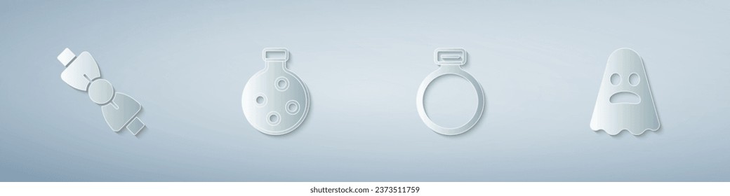 Set Bow tie, Bottle with potion, Magic stone ring and Ghost. Paper art style. Vector