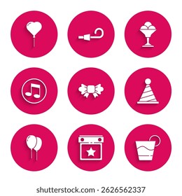 Set Bow tie, Calendar party, Cocktail, Party hat, Balloons with ribbon, Music note, tone, Ice cream in bowl and form of heart icon. Vector