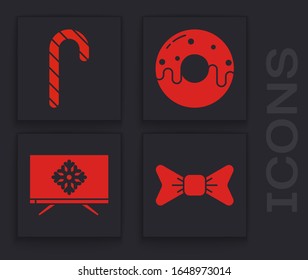 Fija corbata, caña de caramelo de Navidad con rayas, Donut con guiso dulce y Feliz Navidad en icono de televisión. Vector