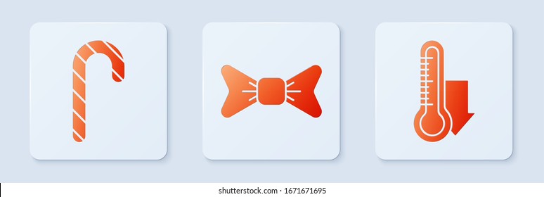 Set Bow tie, Christmas candy cane with stripes and Meteorology thermometer measuring. White square button. Vector