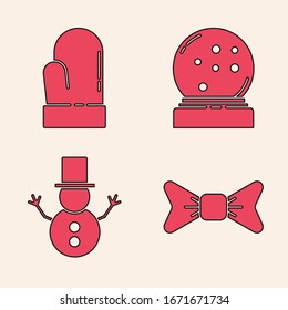 Set Bow tie, Christmas mitten, Christmas snow globe with fallen snow and Christmas snowman icon. Vector