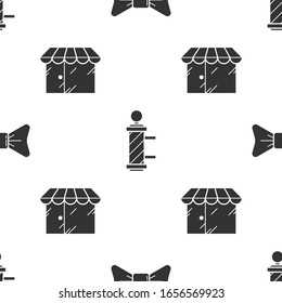 Set Bow tie, Classic Barber shop pole and Barbershop building on seamless pattern. Vector