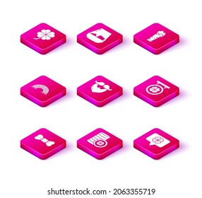 Set Bow tie, Gold coin with four leaf clover, Rainbow, Mustache and beard, Four speech bubble, Street signboard, Glass of beer and whiskey icon. Vector
