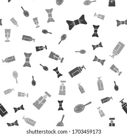Set Bow tie, Hand mirror, Cream or lotion cosmetic tube and Cream or lotion cosmetic tube on seamless pattern. Vector