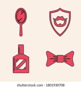 Legen Sie auf dem Schild und dem Aftershave-Icon die Schlinge, den Handspiegel, den Mustache und den Bart. Vektorgrafik